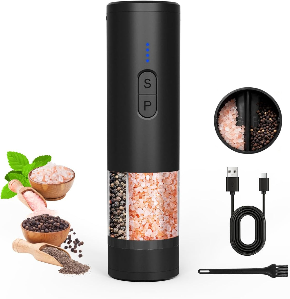 AMOSA Moulin à Poivre Électrique, 2 en 1 Double Réservoir, USB Rechargeable