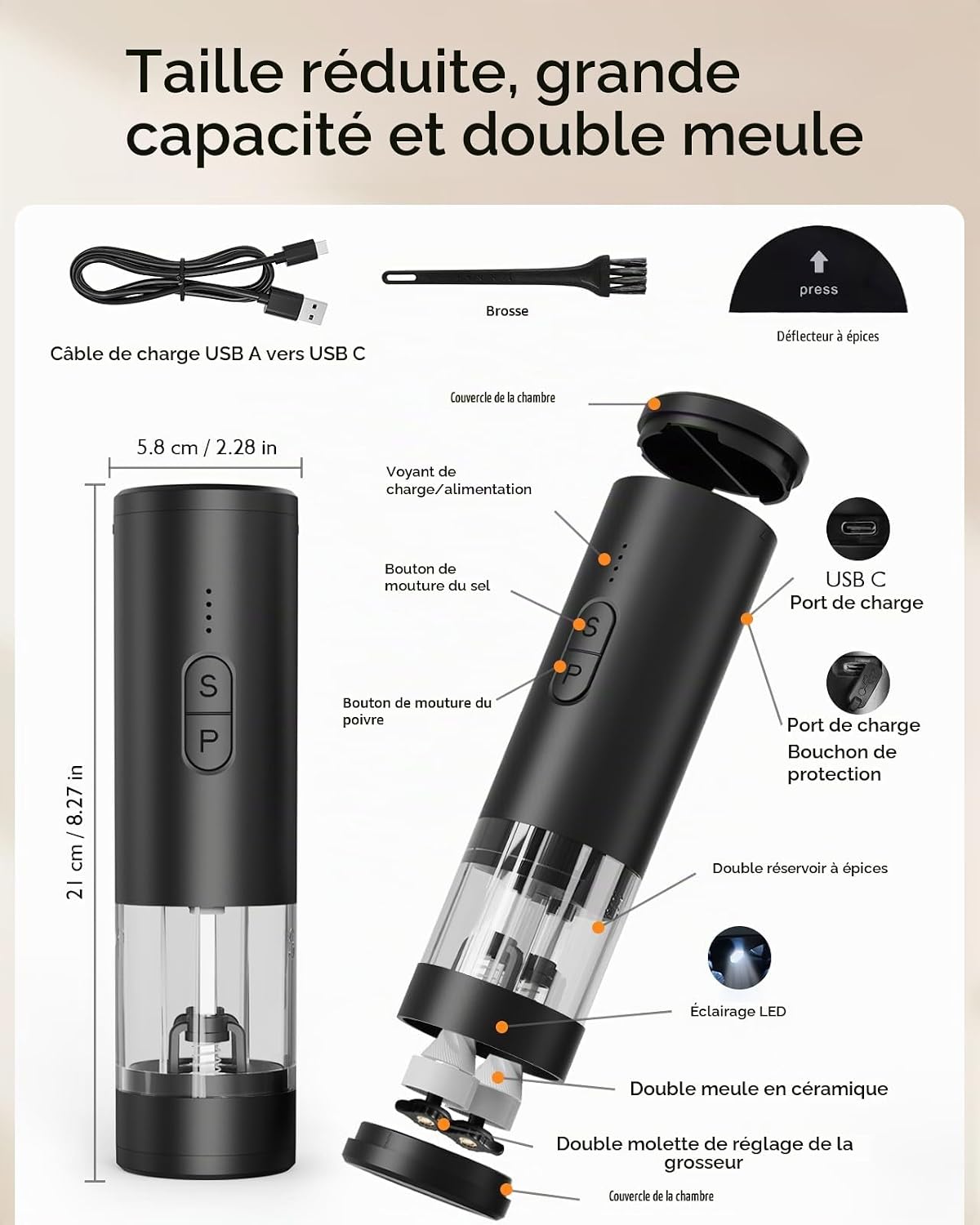 AMOSA Moulin à Poivre Électrique, 2 en 1 Double Réservoir, USB Rechargeable - View 43