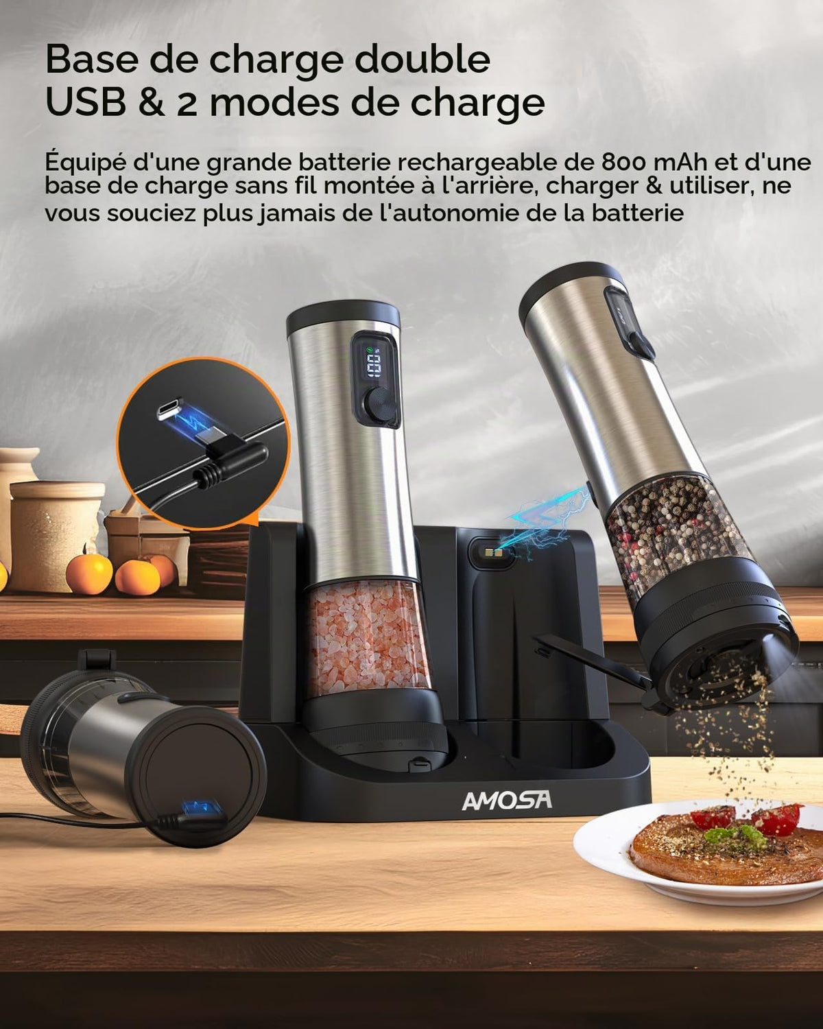 AMOSA Moulin à Poivre Électrique, 2 en 1 Double Réservoir, USB Rechargeable - View 33