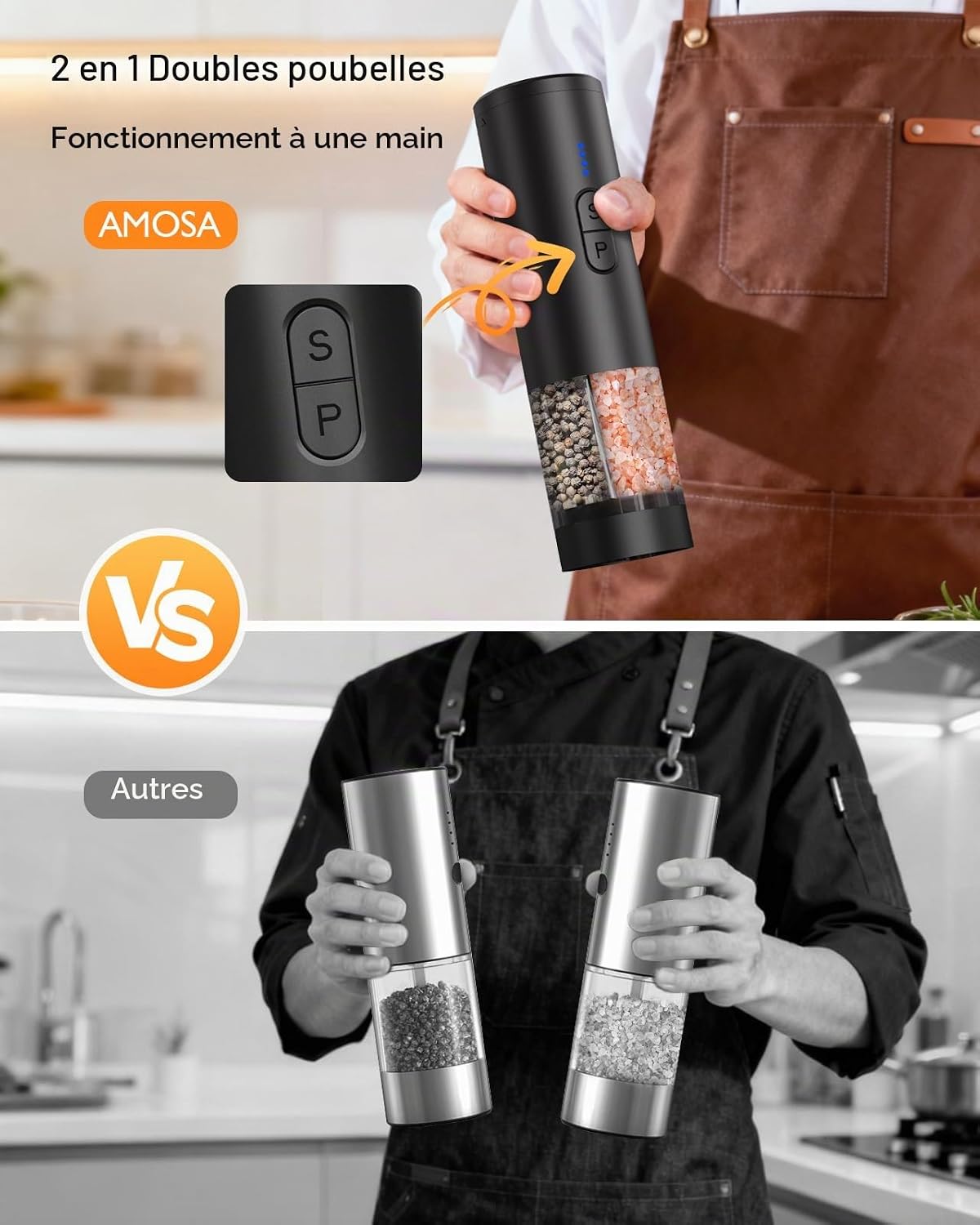 AMOSA Moulin à Poivre Électrique, 2 en 1 Double Réservoir, USB Rechargeable - View 40