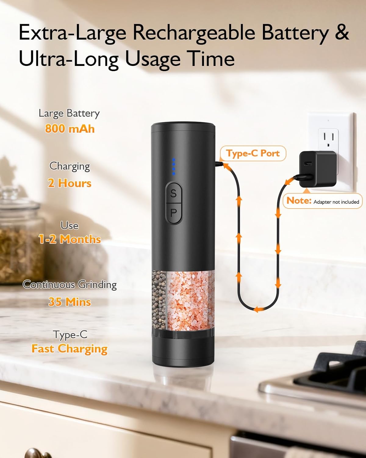 AMOSA Moulin à Poivre Électrique, 2 en 1 Double Réservoir, USB Rechargeable - View 41