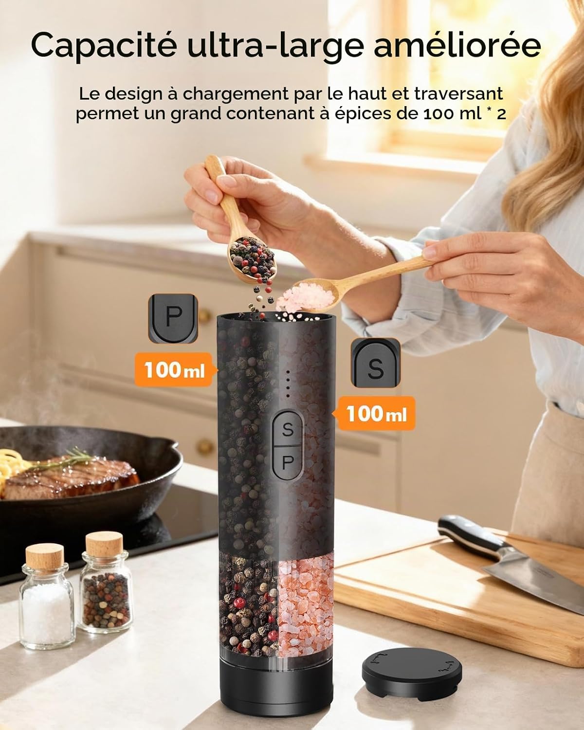 AMOSA Moulin à Poivre Électrique, 2 en 1 Double Réservoir, USB Rechargeable - View 42