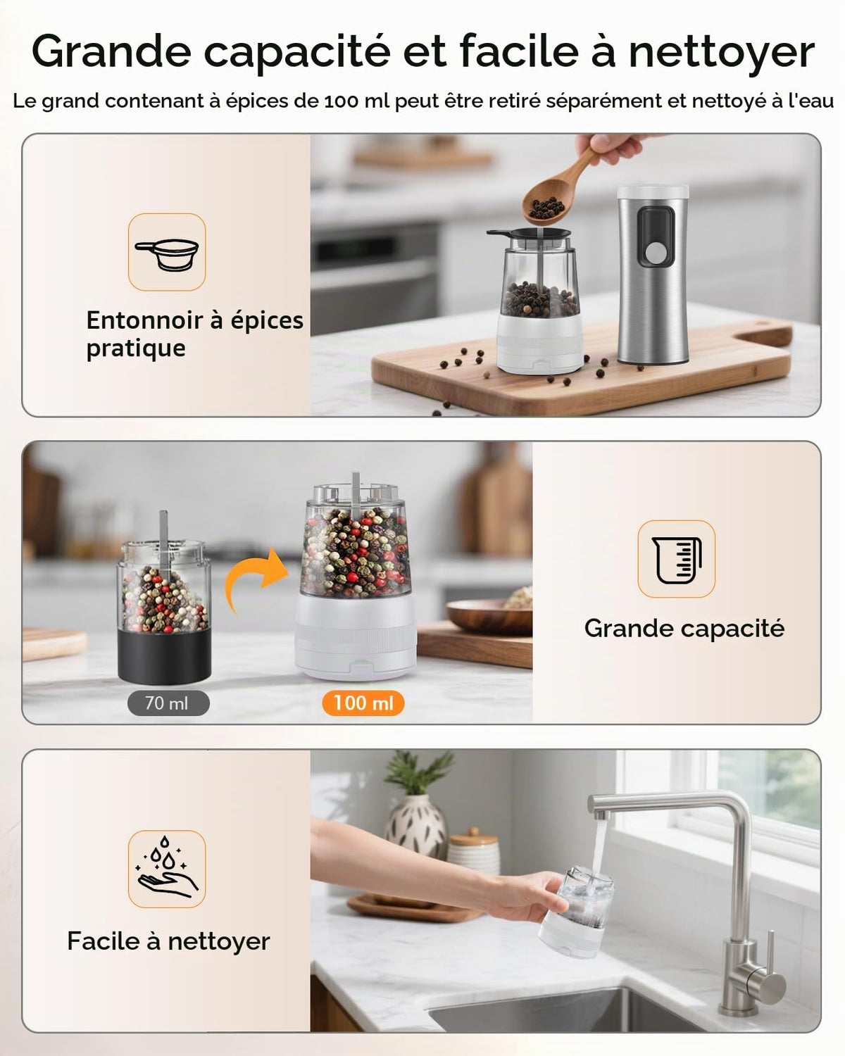 AMOSA Moulin à Poivre Électrique, 2 en 1 Double Réservoir, USB Rechargeable - View 18