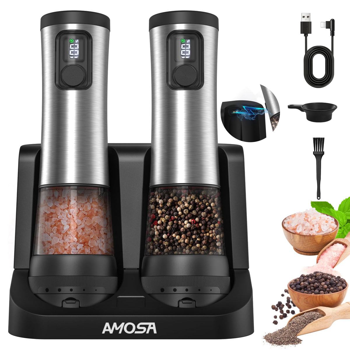 AMOSA Moulin à Poivre Électrique, 2 en 1 Double Réservoir, USB Rechargeable - View 5