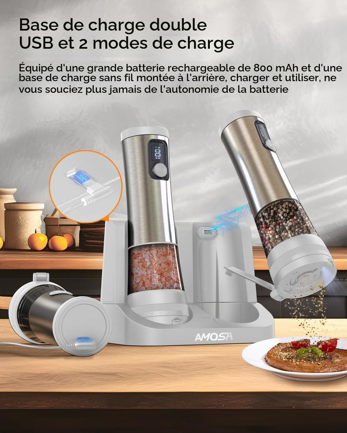AMOSA Moulin à Poivre Électrique, 2 en 1 Double Réservoir, USB Rechargeable - View 17