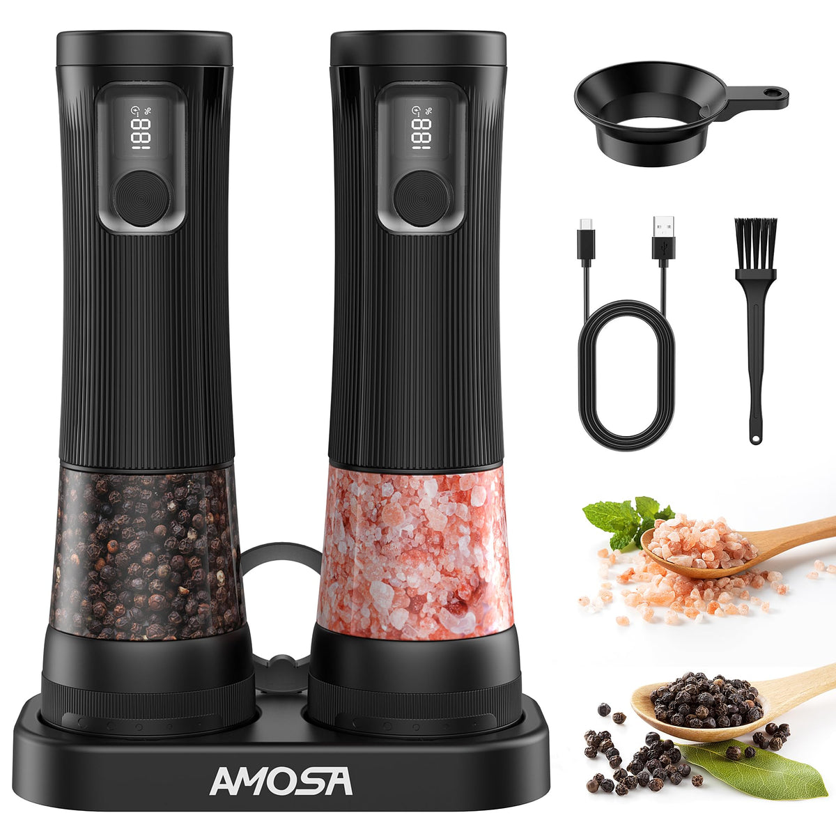 AMOSA Moulin à Poivre Électrique, 2 en 1 Double Réservoir, USB Rechargeable - View 3