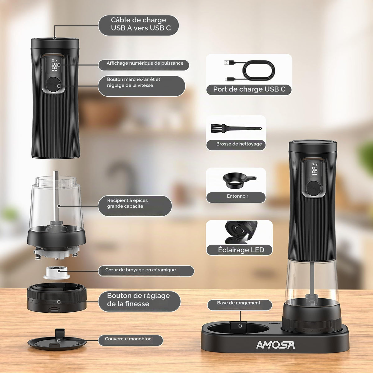 AMOSA Moulin à Poivre Électrique, 2 en 1 Double Réservoir, USB Rechargeable - View 29