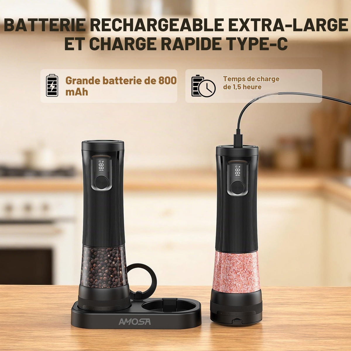 AMOSA Moulin à Poivre Électrique, 2 en 1 Double Réservoir, USB Rechargeable - View 25